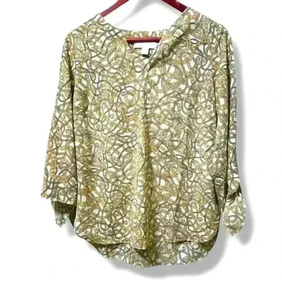 MICHAEL KORS Women's Blouse Top V-Neck Gold Chains Pattern Tie Bone Size M #152 - Picture 1 of 6